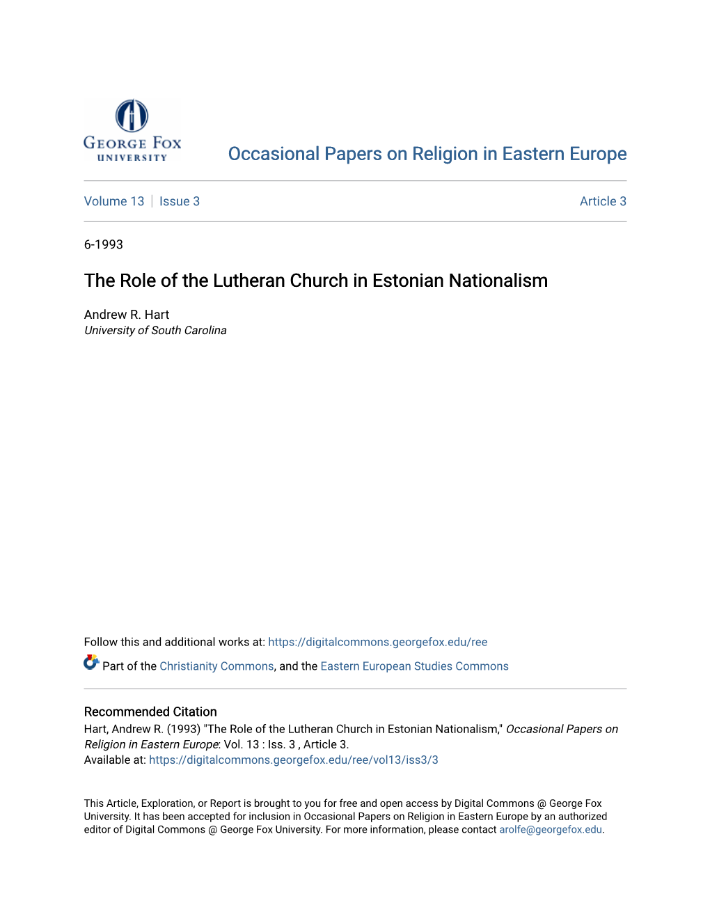 The Role of the Lutheran Church in Estonian Nationalism