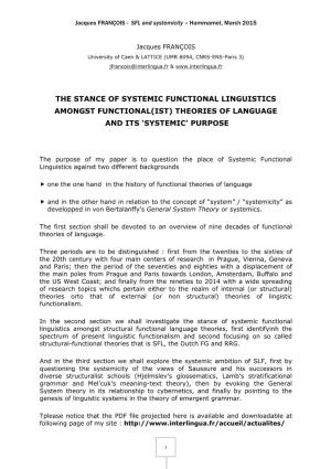 The Stance of Systemic Functional Linguistics Amongst Functional(Ist) Theories of Language and Its 'Systemic' Purpose