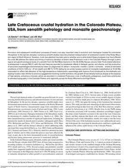 RESEARCH Late Cretaceous Crustal Hydration in the Colorado Plateau