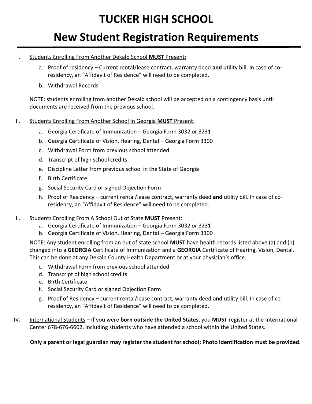 TUCKER HIGH SCHOOL New Student Registration Requirements