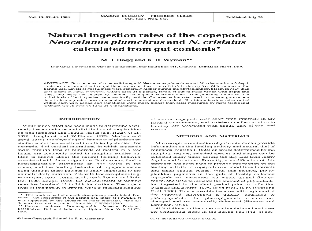 Natural Ingestion Rates of the Copepods Neocalan Us Plumchrus and N