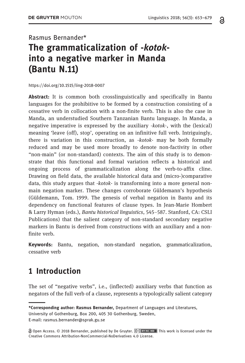 Kotok- Into a Negative Marker in Manda (Bantu N.11)