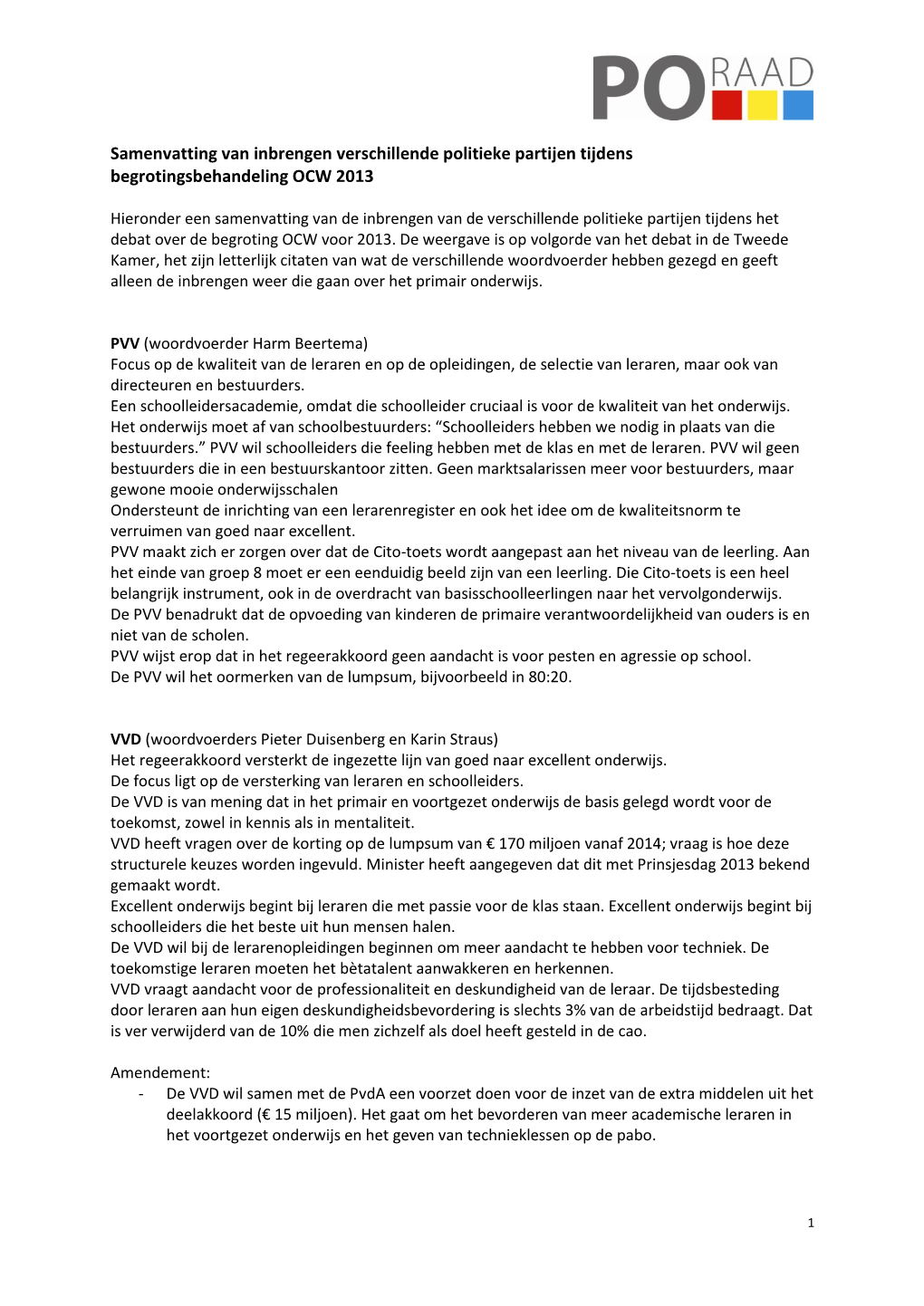 Samenvatting Inbrengen Politieke Partijen Over OCW-Begroting 2013