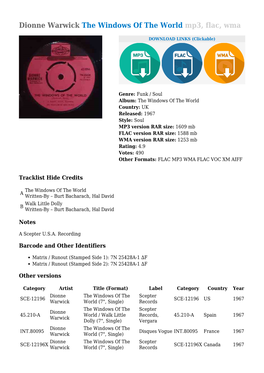 Dionne Warwick the Windows of the World Mp3, Flac, Wma