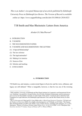 T B Smith and Max Rheinstein: Letters from America