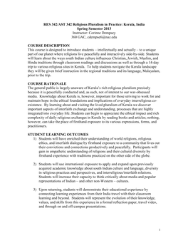 RES 342/AST 342 Religious Pluralism in Practice: Kerala, India Spring Semester 2013 Instructor: Corinne Dempsey 360 GAC, Cdempse6@Naz.Edu