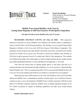 Buffalo Trace Named Distillery of the Year by Tasting Panel Magazine at 2020 San Francisco World Spirits Competition