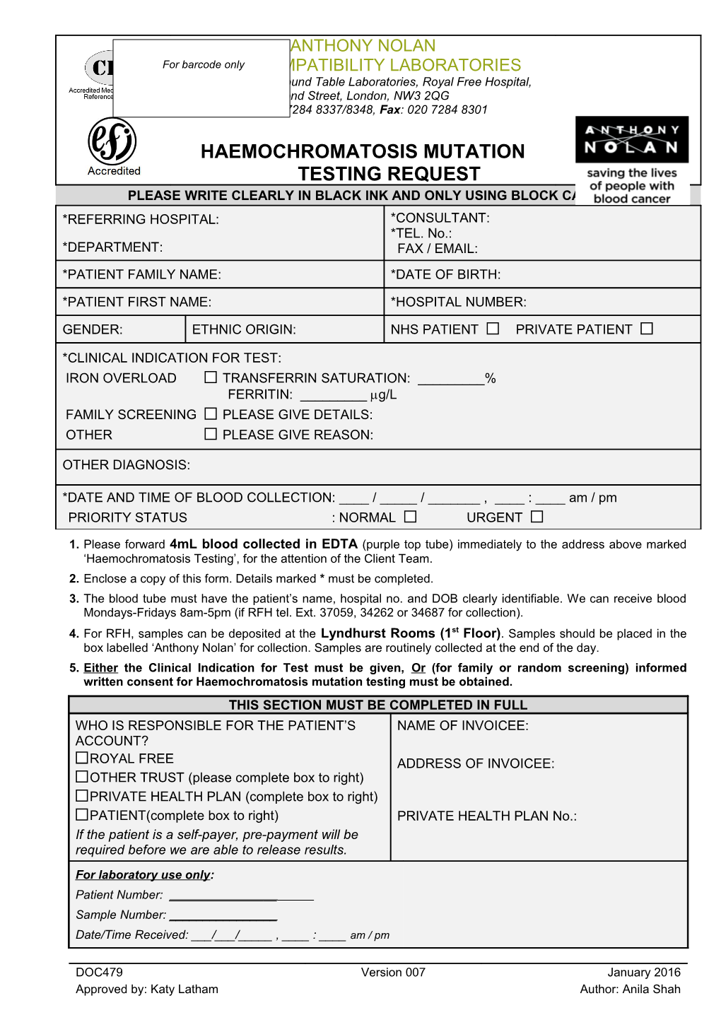 Haemochromatosis Mutation Testing Request