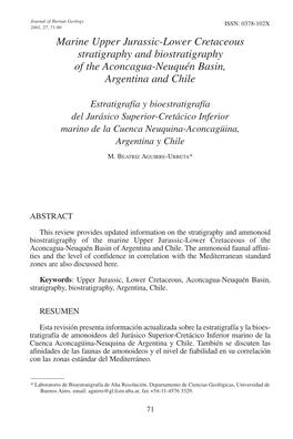 Marine Upper Jurassic-Lower Cretaceous Stratigraphy and Biostratigraphy of the Aconcagua-Neuquén Basin, Argentina and Chile