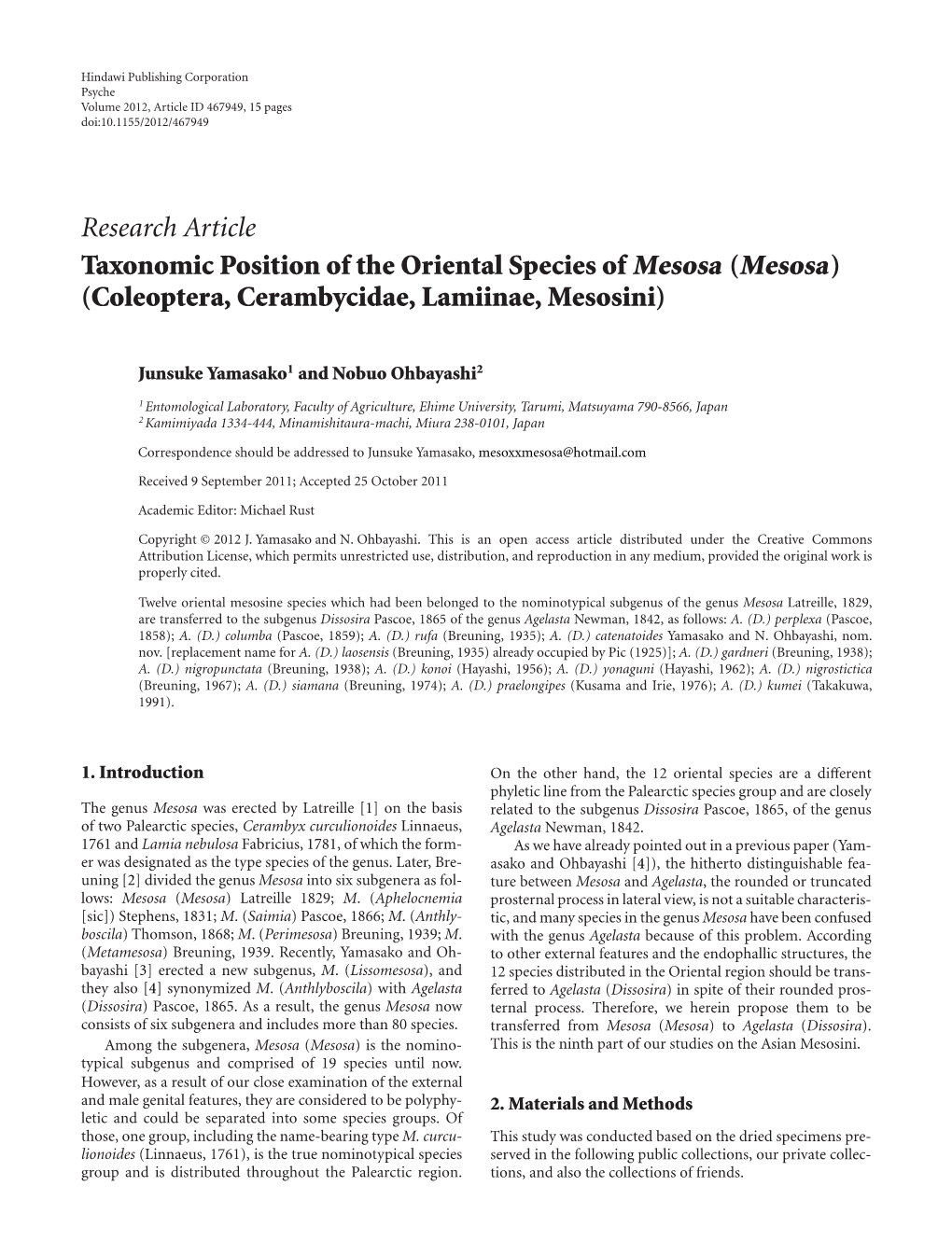 Taxonomic Position of the Oriental Species of Mesosa (Mesosa) (Coleoptera, Cerambycidae, Lamiinae, Mesosini)