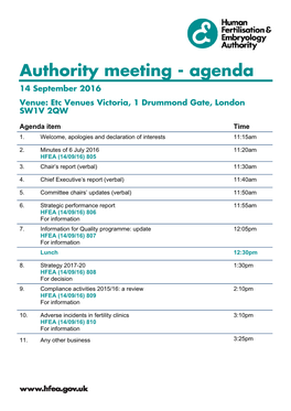 Authority Meeting - Agenda 14 September 2016 Venue: Etc Venues Victoria, 1 Drummond Gate, London SW1V 2QW