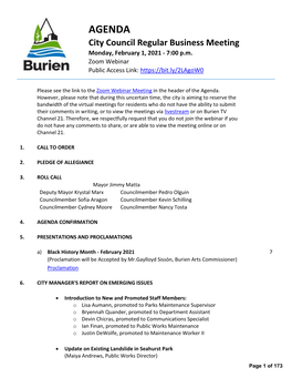 City Council Regular Business Meeting Monday, February 1, 2021 - 7:00 P.M