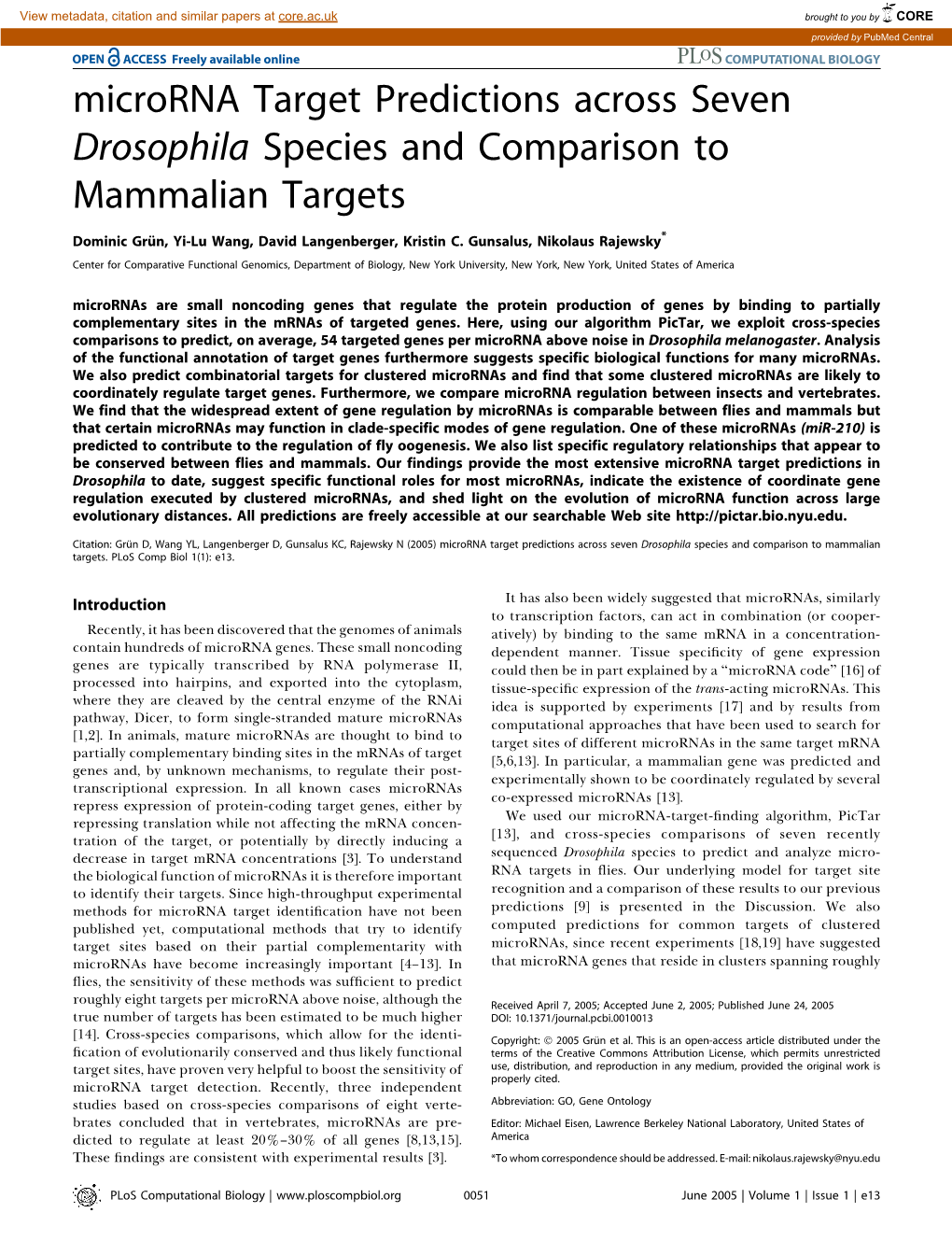 Microrna Target Predictions Across Seven Drosophila Species and Comparison to Mammalian Targets