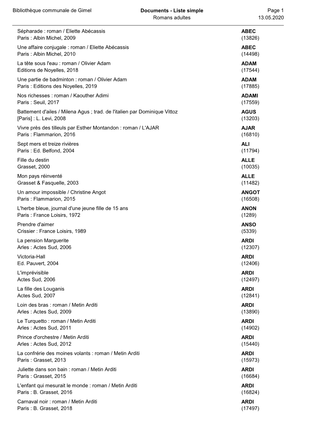 Bibliothèque Communale De Gimel Documents - Liste Simple Page 1 Romans Adultes 13.05.2020