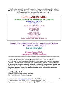 Impact of Commercialization on Language with Special Reference to Urdu Lexicon Doctoral Dissertation