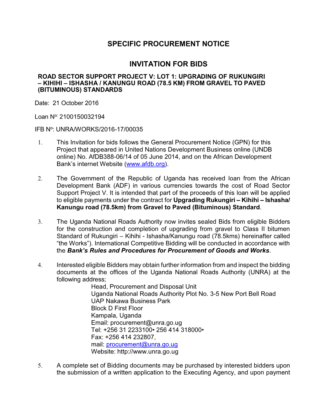 Specific Procurement Notice Invitation for Bids