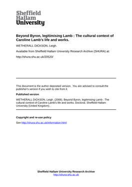 Beyond Byron, Legitimising Lamb : the Cultural Context of Caroline Lamb's Life and Works