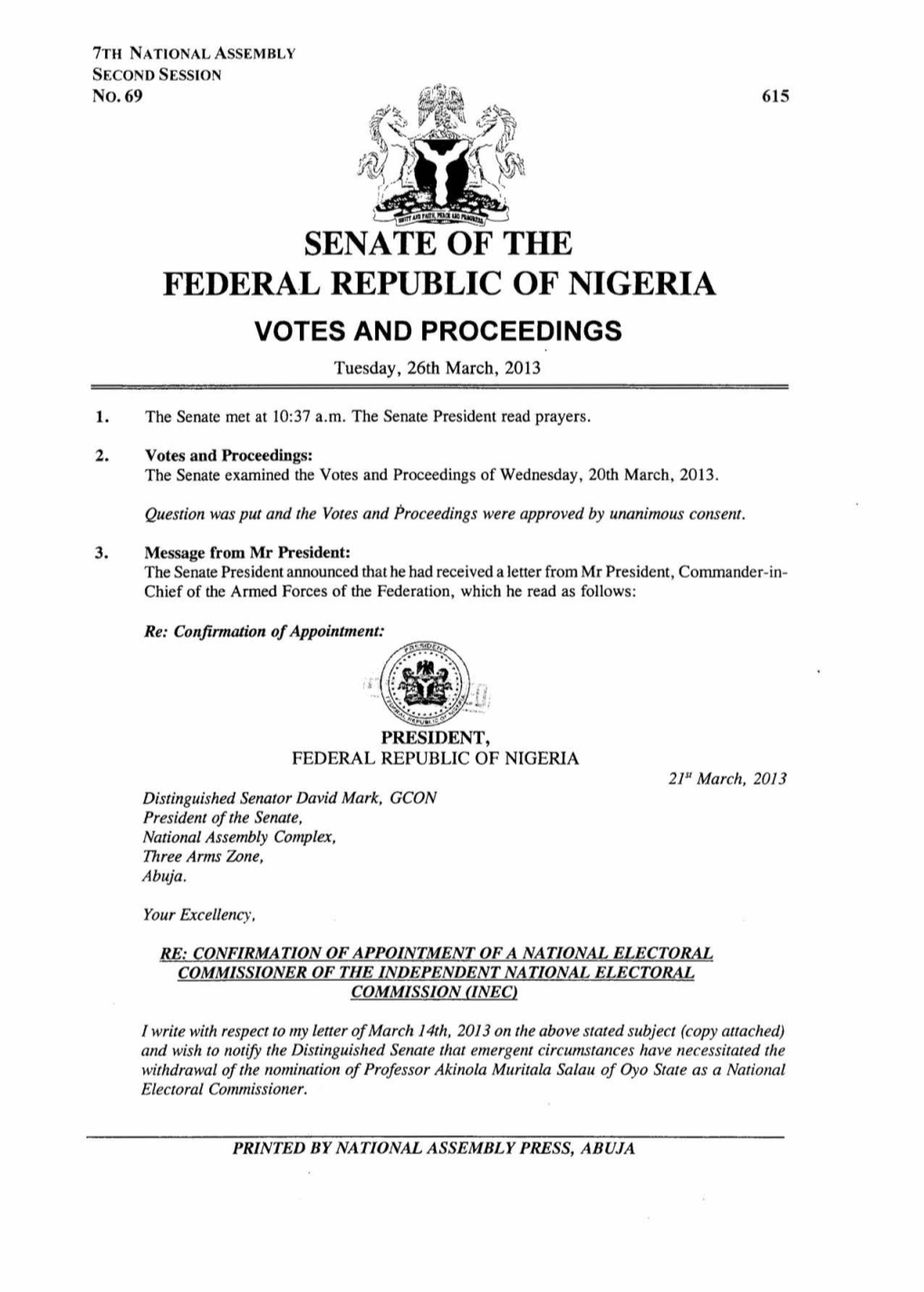 Senate of the Federal Republic of Nigeria Votes and Proceedings