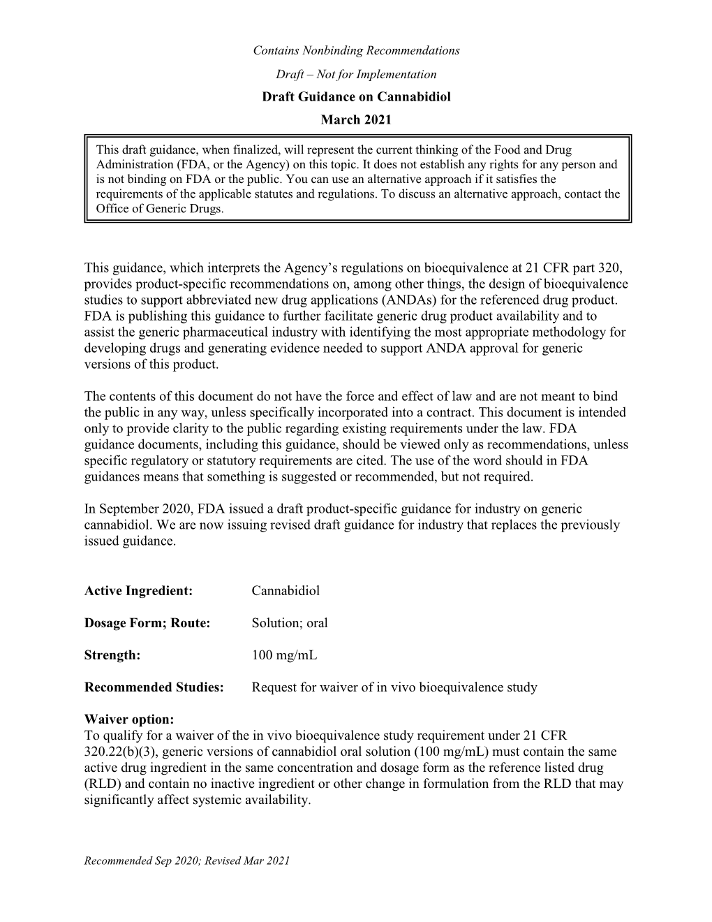 Draft Guidance on Cannabidiol Oral Solution