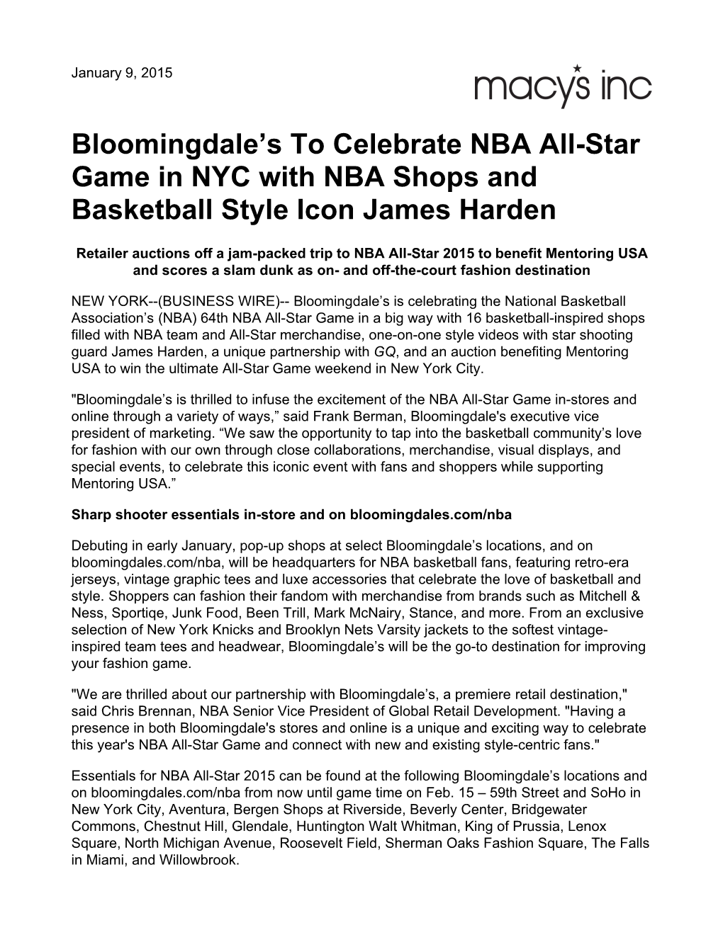 Bloomingdale's to Celebrate NBA All-Star Game in NYC with NBA