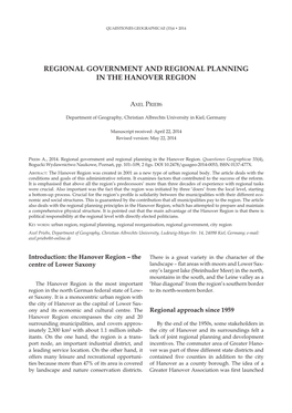 Regional Government and Regional Planning in the Hanover Region