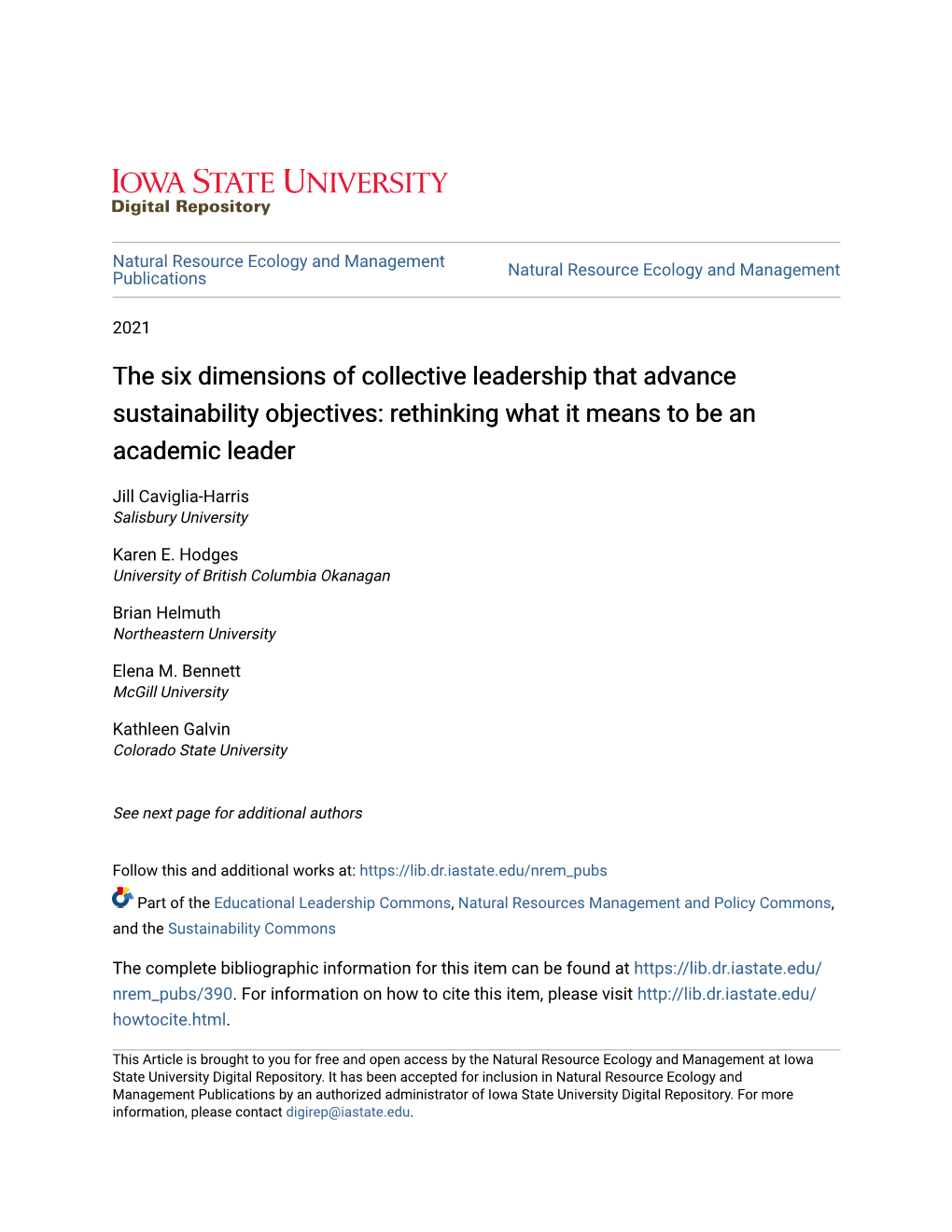 The Six Dimensions of Collective Leadership That Advance Sustainability Objectives: Rethinking What It Means to Be an Academic Leader