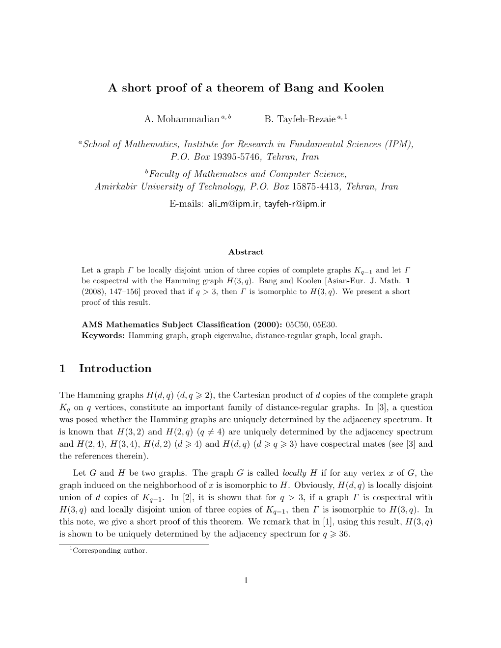 A Short Proof of a Theorem of Bang and Koolen 1 Introduction