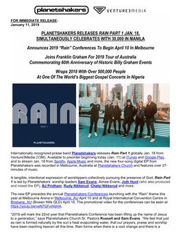 Planetshakers Releases Rain Part 1 Jan. 18, Simultaneously Celebrates with 30,000 in Manila