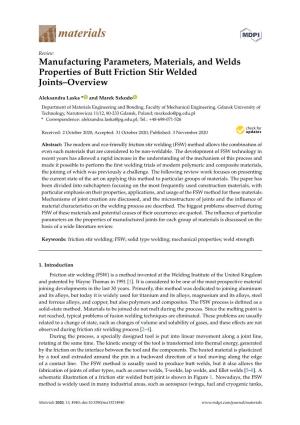 Manufacturing Parameters, Materials, and Welds Properties of Butt Friction Stir Welded Joints–Overview