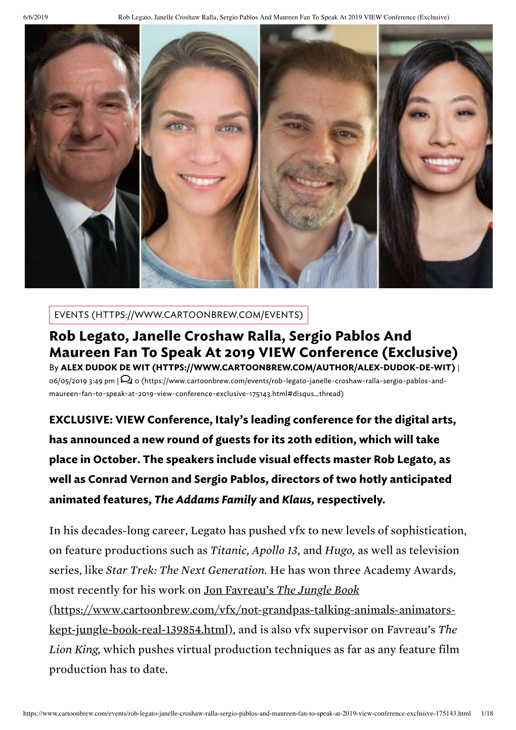 Rob Legato, Janelle Croshaw Ralla, Sergio Pablos and Maureen Fan to Speak at 2019 VIEW Conference (Exclusive)