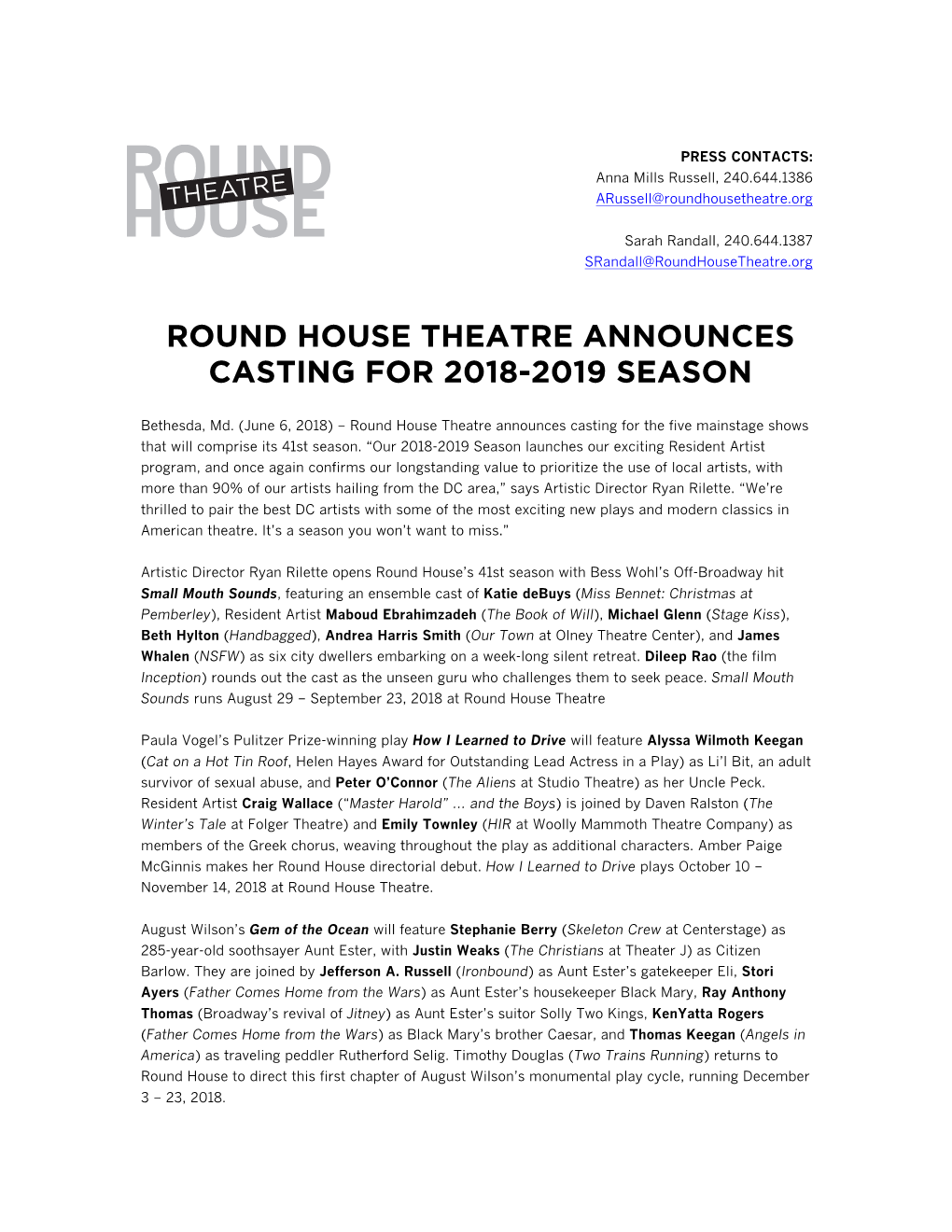 1819 Season Casting Press Release (With Bios)