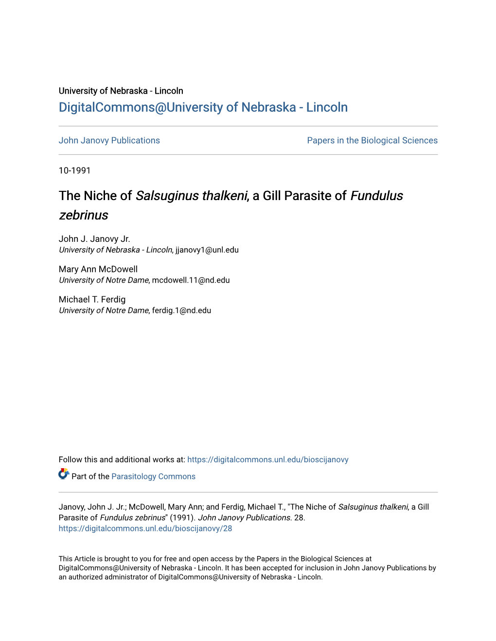 The Niche of Salsuginus Thalkeni, a Gill Parasite of Fundulus Zebrinus