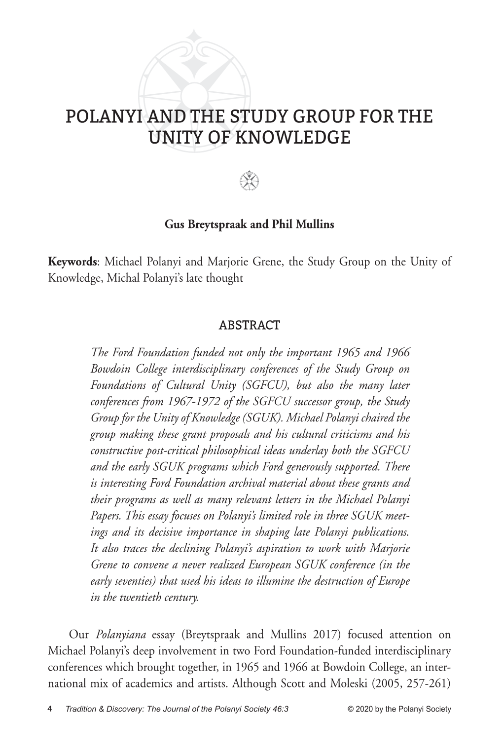 Polanyi and the Study Group for the Unity of Knowledge