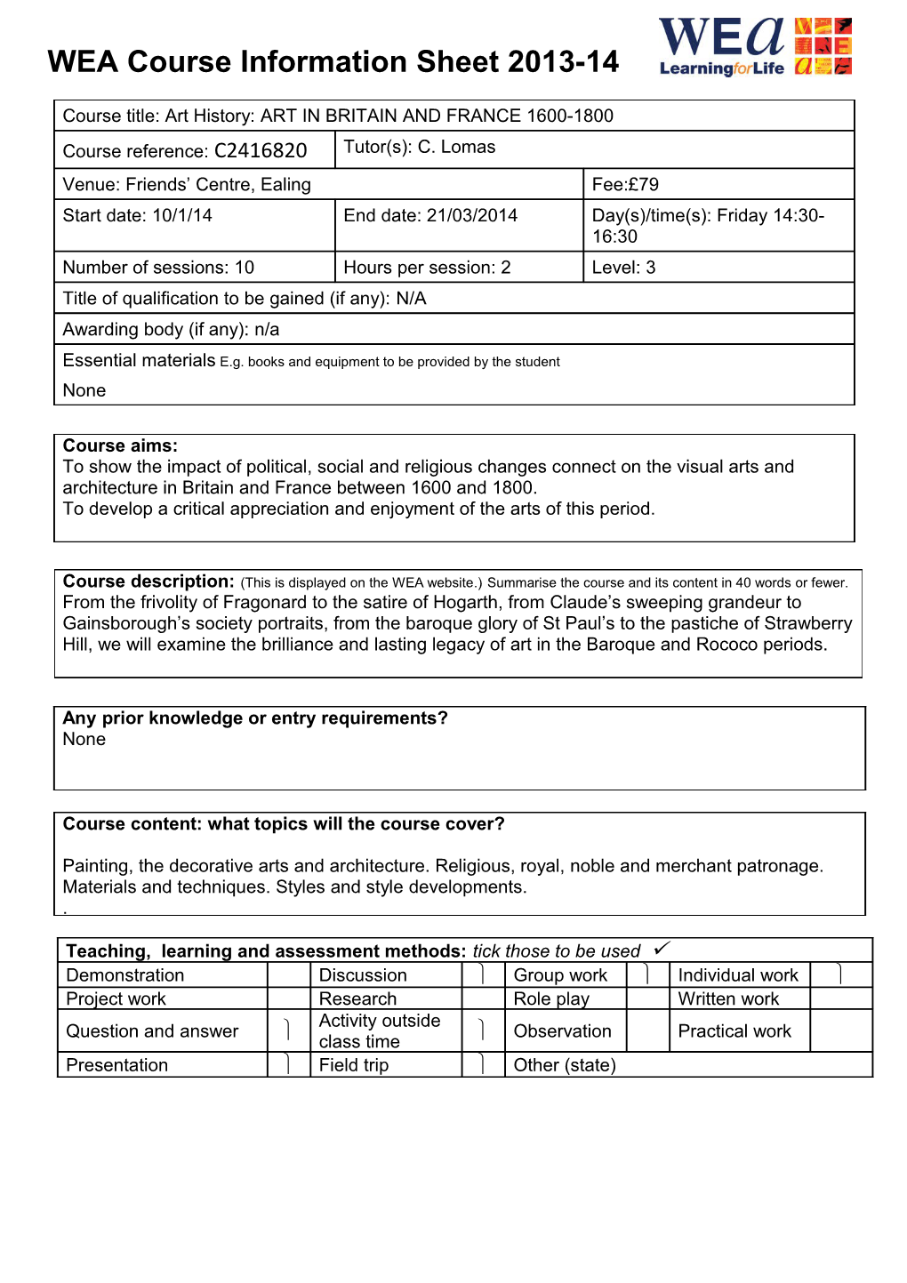 WEA Course Information Sheet2013-14