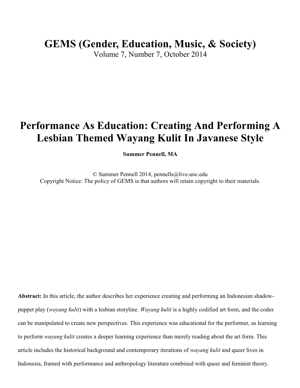 GEMS (Gender, Education, Music, & Society) Volume 7, Number 7, October 2014