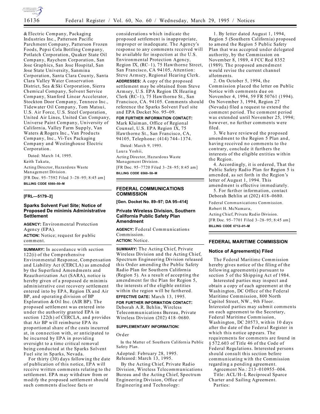 Federal Register / Vol. 60, No. 60 / Wednesday, March 29, 1995 / Notices