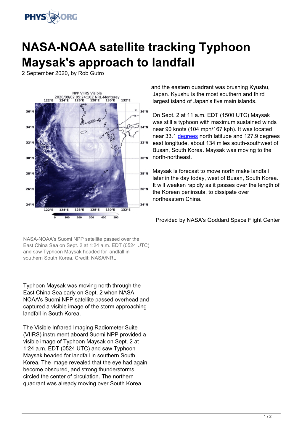 NASA-NOAA Satellite Tracking Typhoon Maysak's Approach to Landfall 2 September 2020, by Rob Gutro