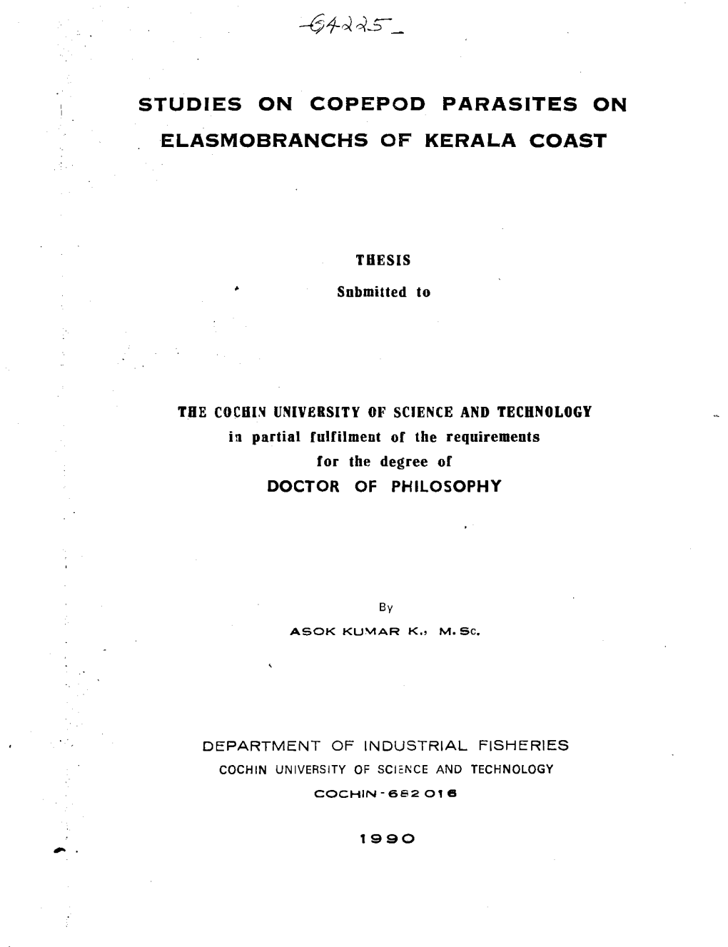 Studies on Copepod Parasites on Elasmobranchs of Kerala Coast