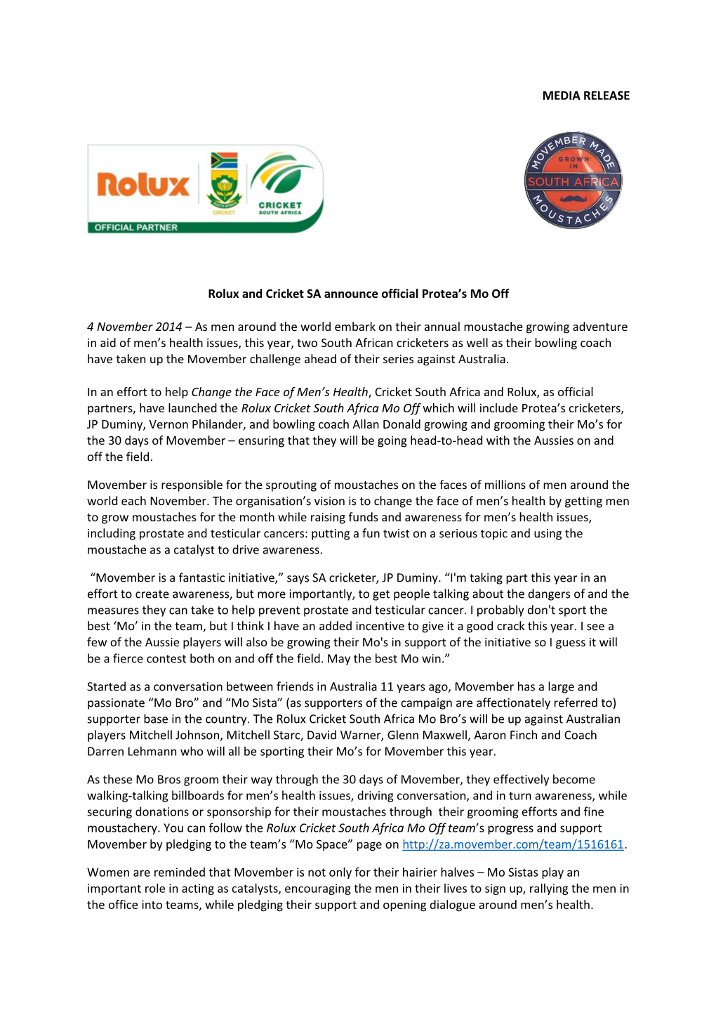 MEDIA RELEASE Rolux and Cricket SA Announce Official
