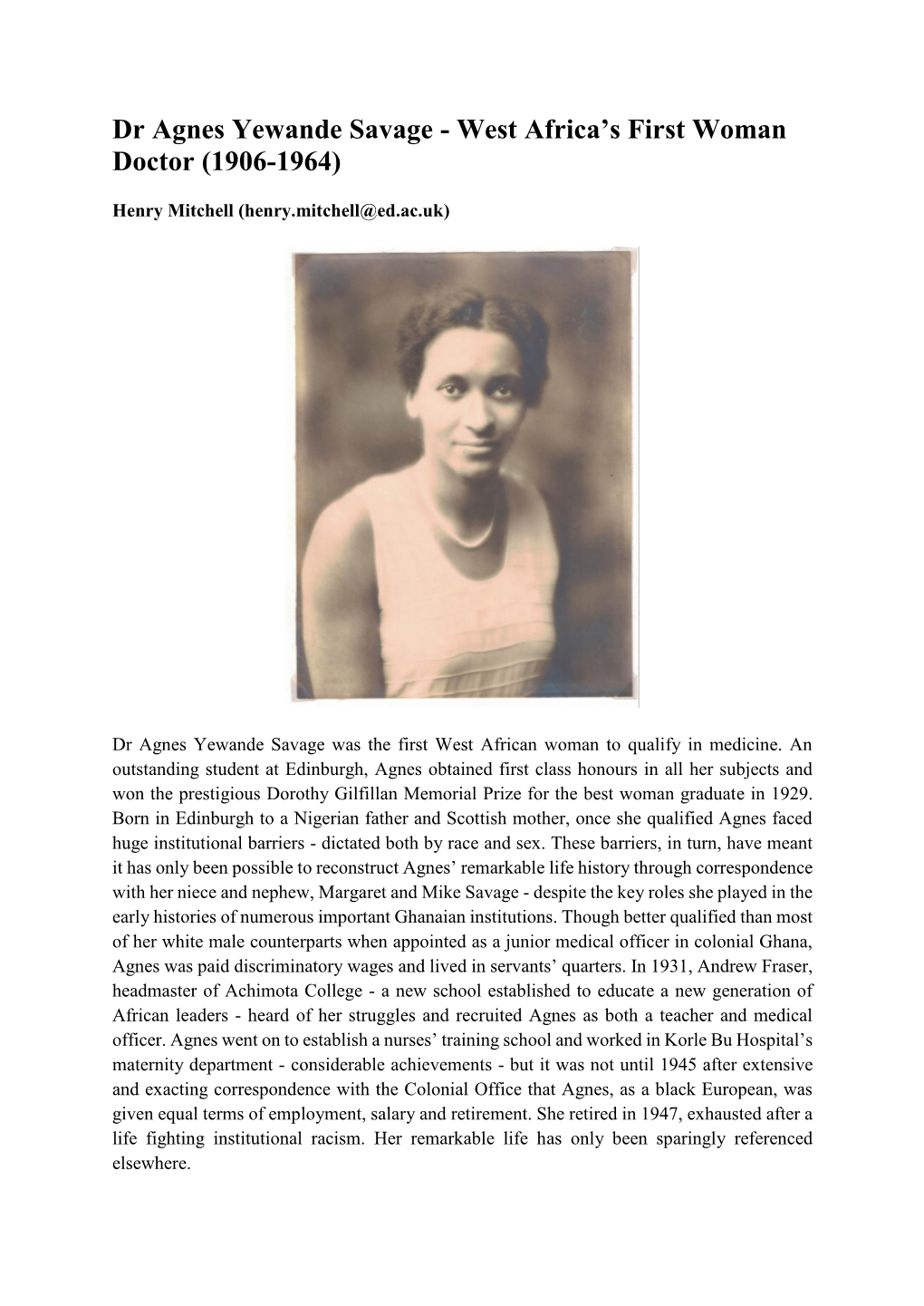 Dr Agnes Yewande Savage - West Africa’S First Woman Doctor (1906-1964)