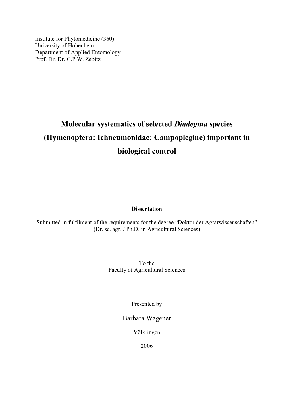 Molecular Systematic of Several Diadegma Species