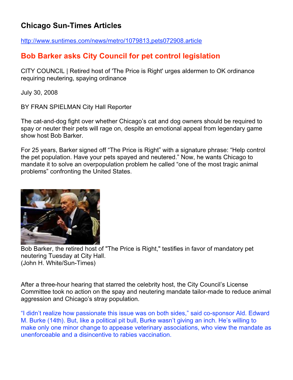 Chicago Sun-Times Articles Bob Barker Asks City Council for Pet