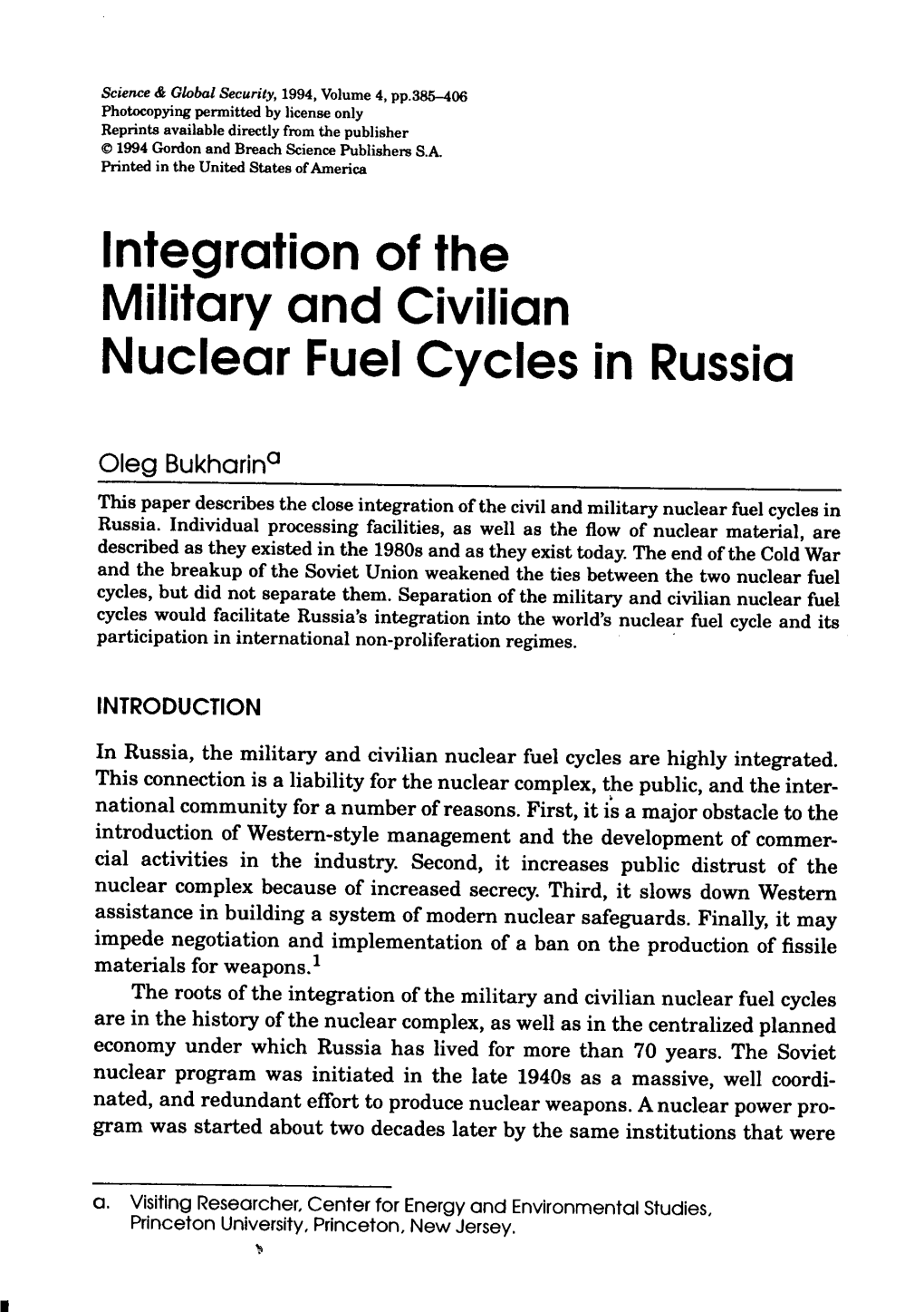 Integration of the Military and Civilian Nuclear Fuel Cycles in Russia