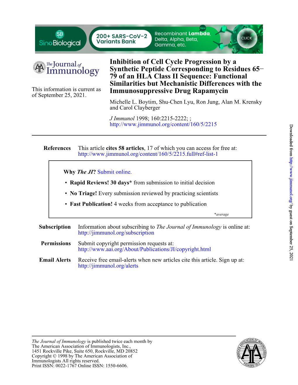 Immunosuppressive Drug Rapamycin of September 25, 2021