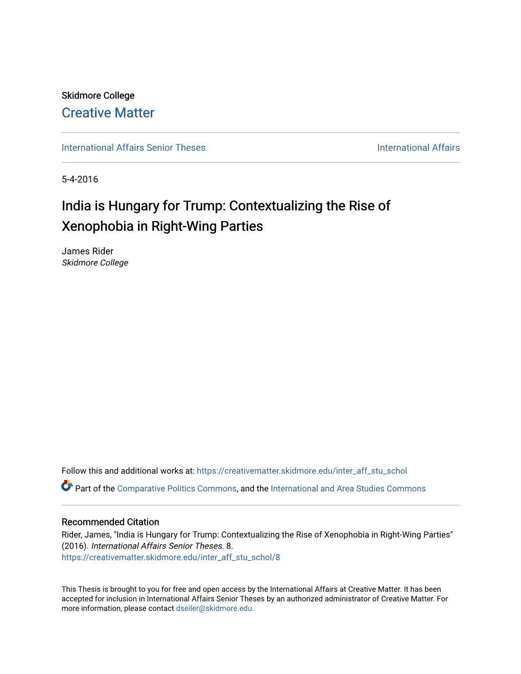 India Is Hungary for Trump: Contextualizing the Rise of Xenophobia in Right-Wing Parties