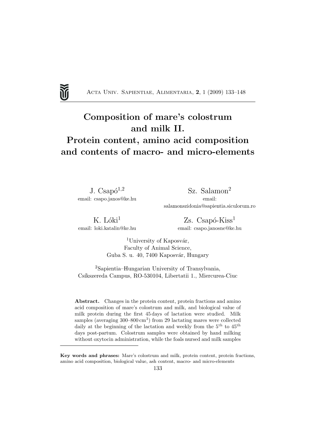 Composition of Mare's Colostrum and Milk II. Protein Content, Amino Acid
