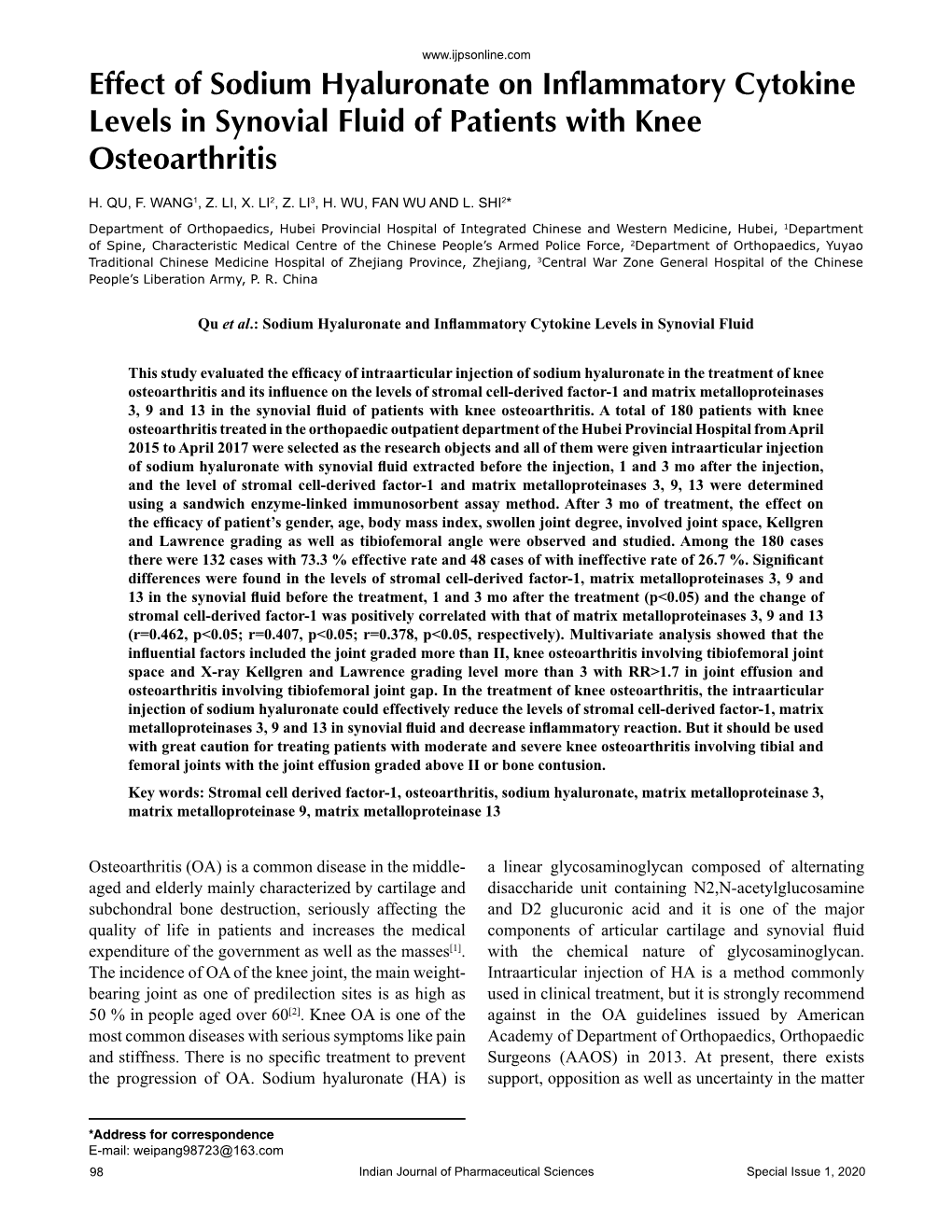 Effect of Sodium Hyaluronate on Inflammatory Cytokine Levels in Synovial Fluid of Patients with Knee Osteoarthritis