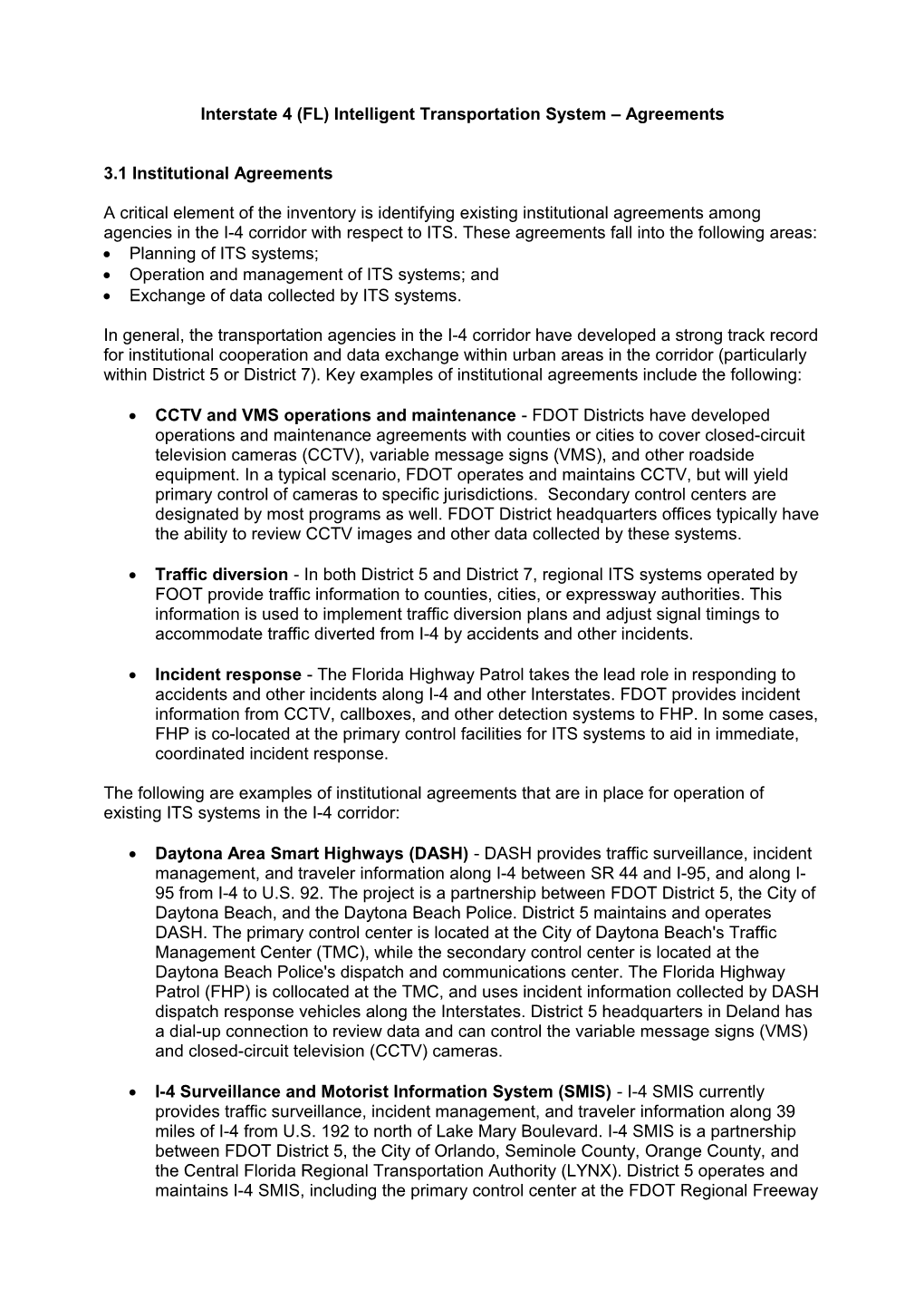 Interstate 4 (FL) Intelligent Transportation System – Agreements