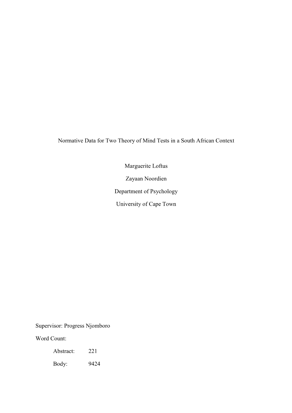 Normative Data for Two Theory of Mind Tests in a South African Context