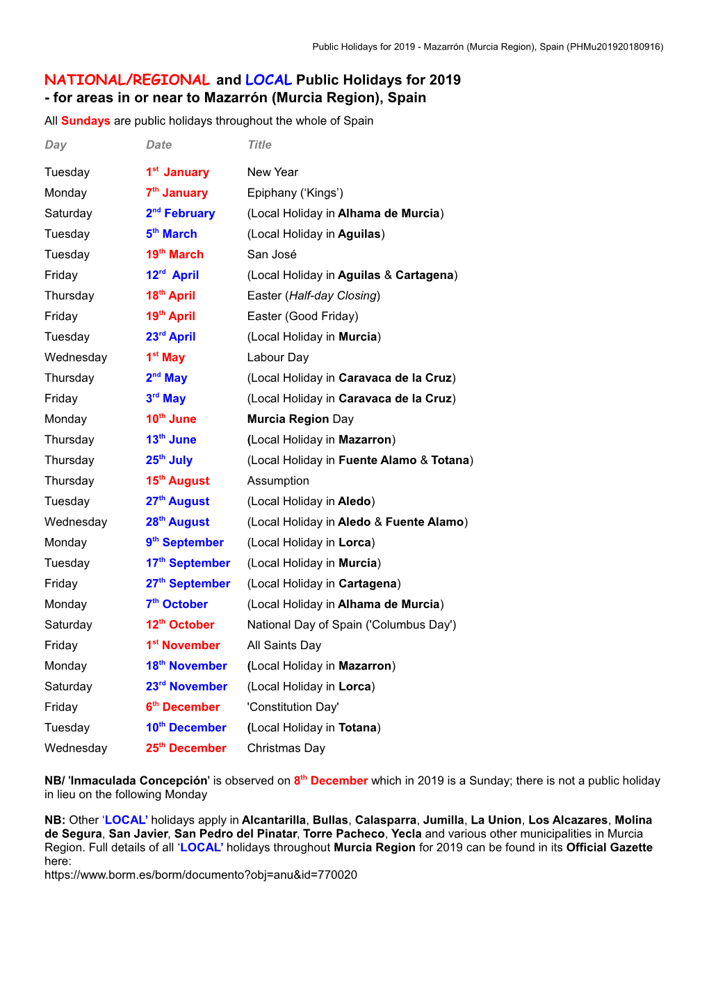 NATIONAL/REGIONAL and LOCAL Public Holidays for 2019